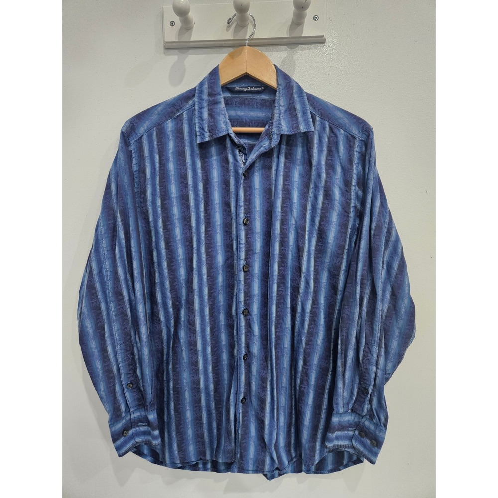 Tommy Bahama Mens M Blue Tonal Stripe Jacquard Leaf Cotton Long Sleeve Shirt